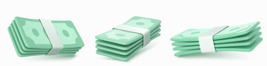 3d render money banknote piles side, front view