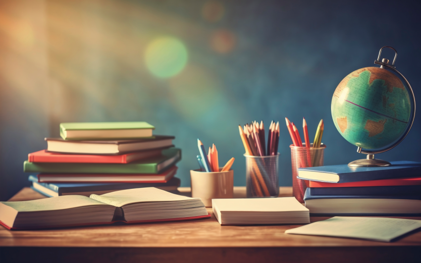 View of school supplies on desk