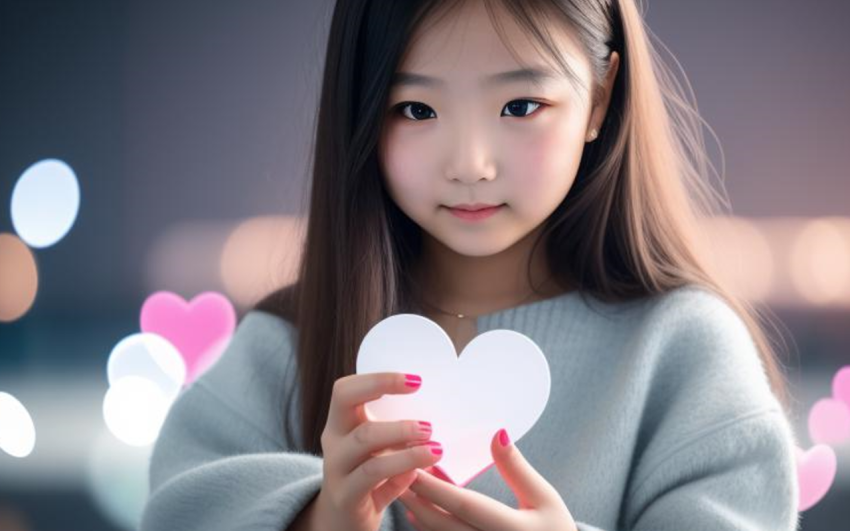 A girl is sitting inside the AI world with love in her hand