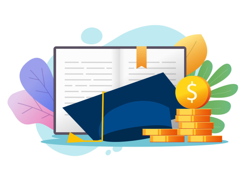 Education money loan credit concept or scholarship graduate cost, college tuition financial fee vector, study or learning knowledge investment cash, academic degree flat cartoon illustration colorful