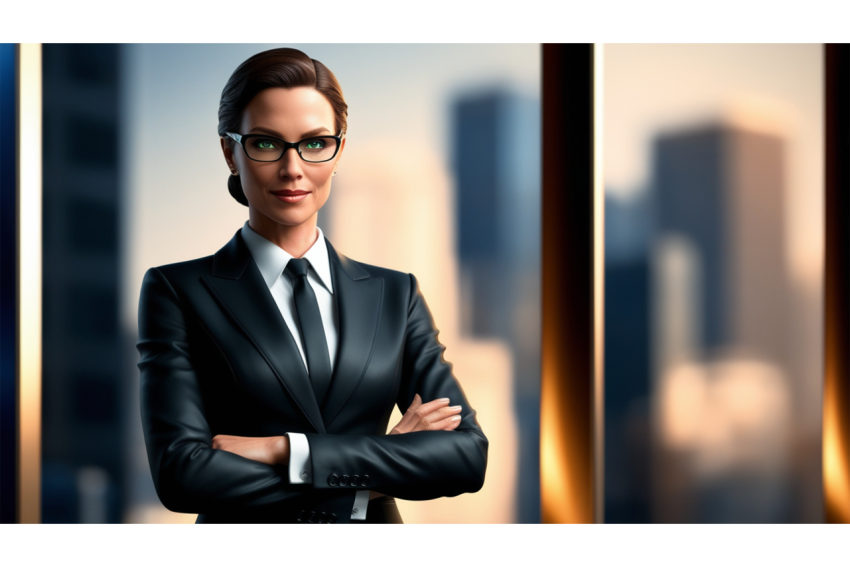 A confident business woman in a tailored black power suit and sleek glasses