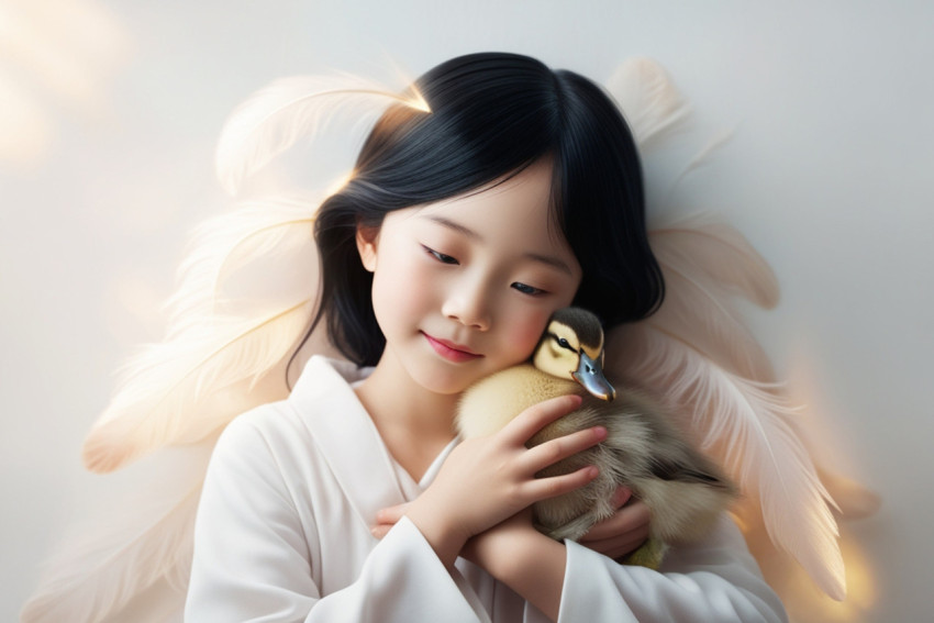 Beautiful asian girl with duckling isolated on white background