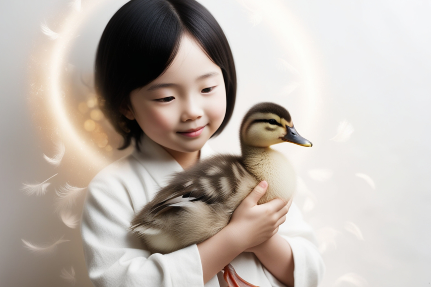 Beautiful asian girl with duckling isolated on white background