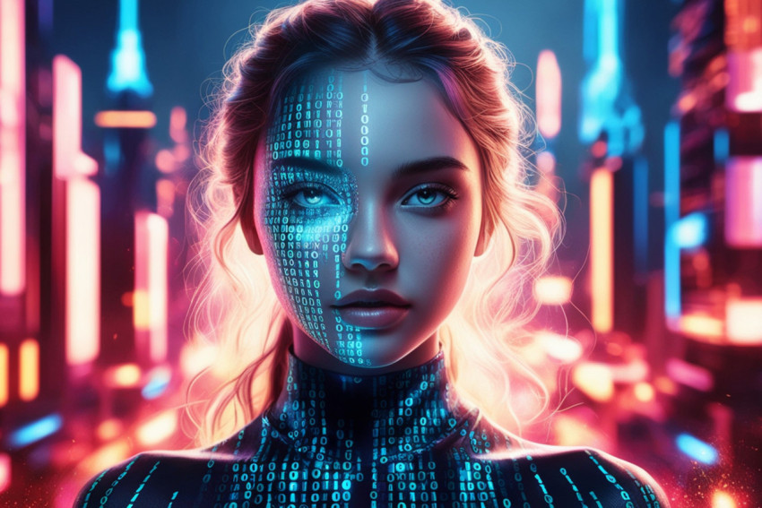 Double exposure of young woman with binary code on face and city backgroundgenerative ai