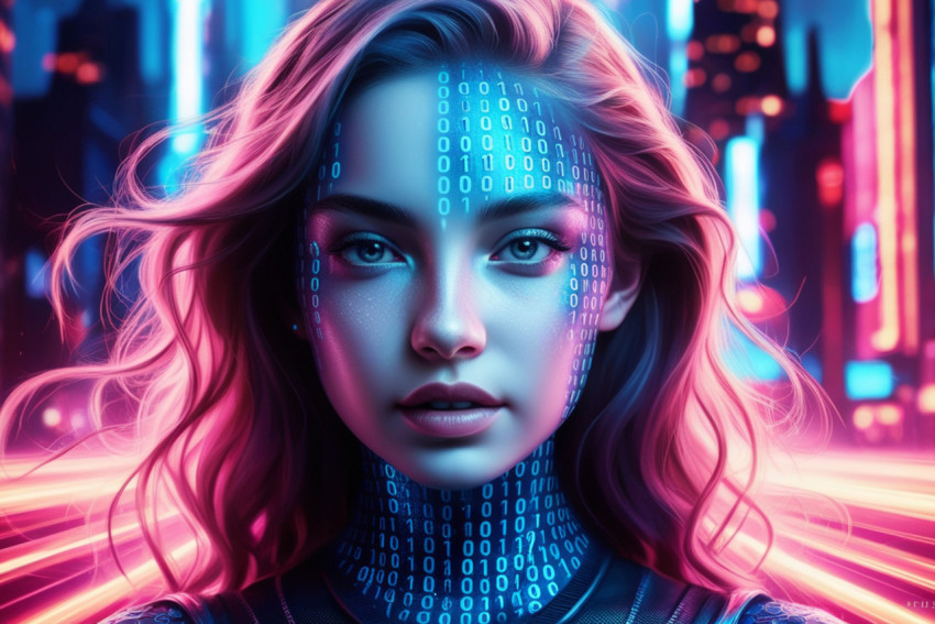 Double exposure of young woman with binary code on face and city backgroundgenerative ai