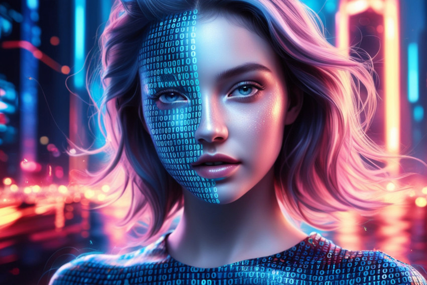 3Double exposure of young woman with binary code on face and city backgroundgenerative ai