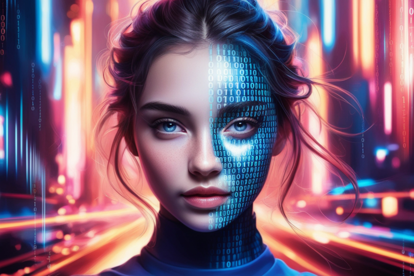 Double exposure of young woman with binary code on face and city backgroundgenerative ai