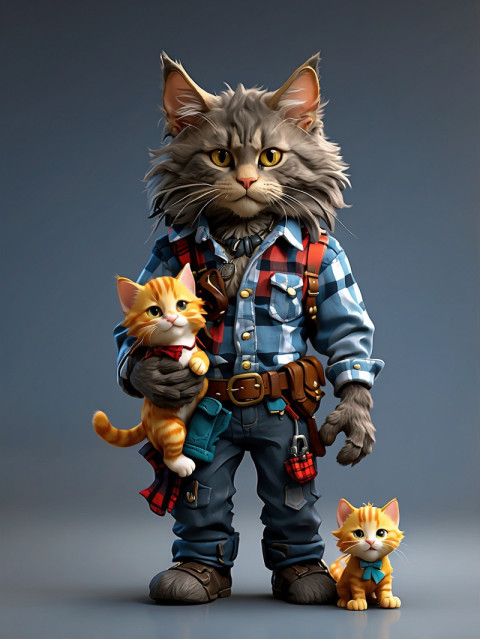 A dark gray MaineCoon cat dressed as a cowboy in a pla