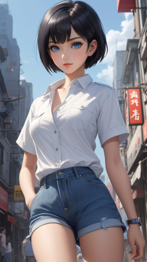 1girl, short black hair, blue eyes, wearing plain white shirt, denim shorts