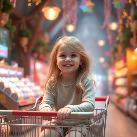Cheery little girl sitting on a shopping cart