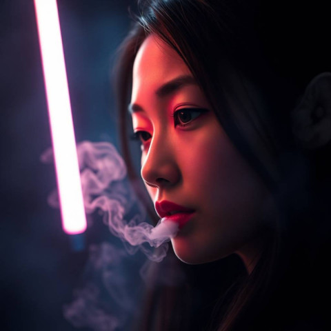Banner asian woman in neon light and smoke of ecigarettes or vape on dark background copy space