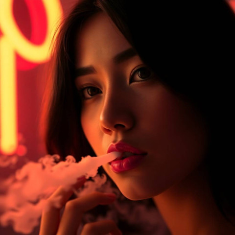 Banner asian woman in neon light and smoke of ecigarettes or vape on dark background copy space