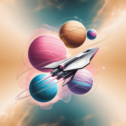 Vibrant planets and a sleek spaceship float in a stunn