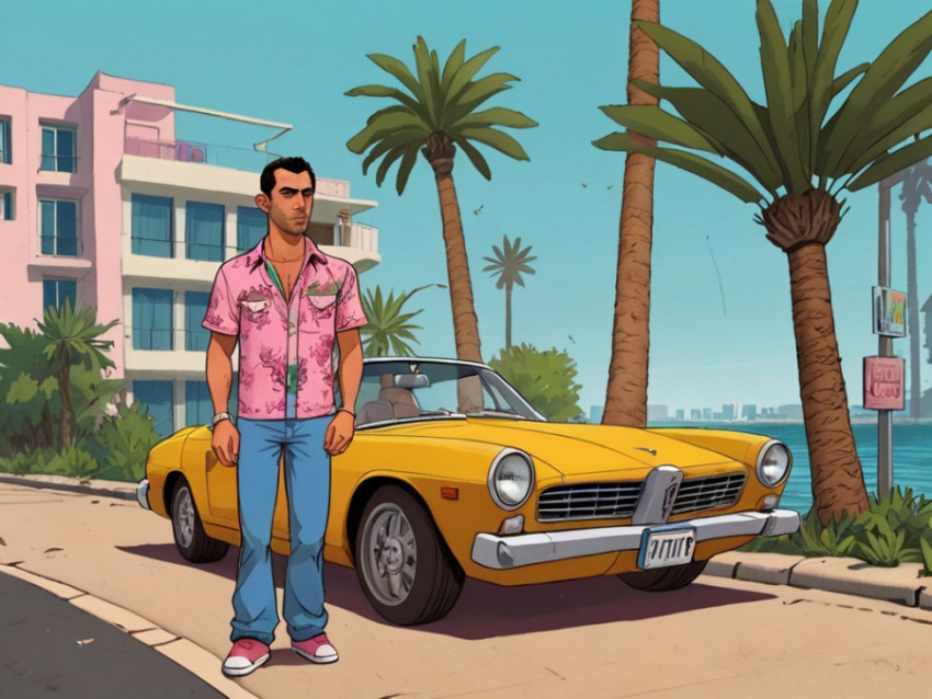 the man is drawn in the style of the game GTA Vice Cit 2